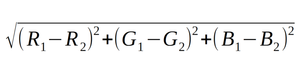 Raiz quadrada da soma de R1 menos R2 elevado ao quadrado com G1 menos G2 elevado ao quadrado e B1 menos B2 elevado ao quadrado. 