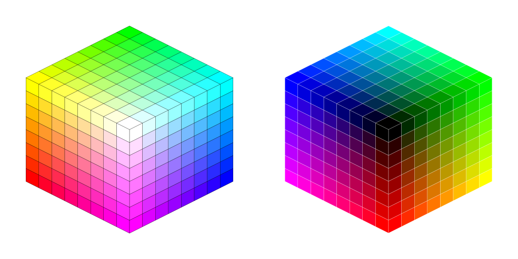 Cubos RGB, a esquerda um em que os vértices de verde, vermelho e azul convergem para o branco total e a direita o em que eles convergem para o preto total.